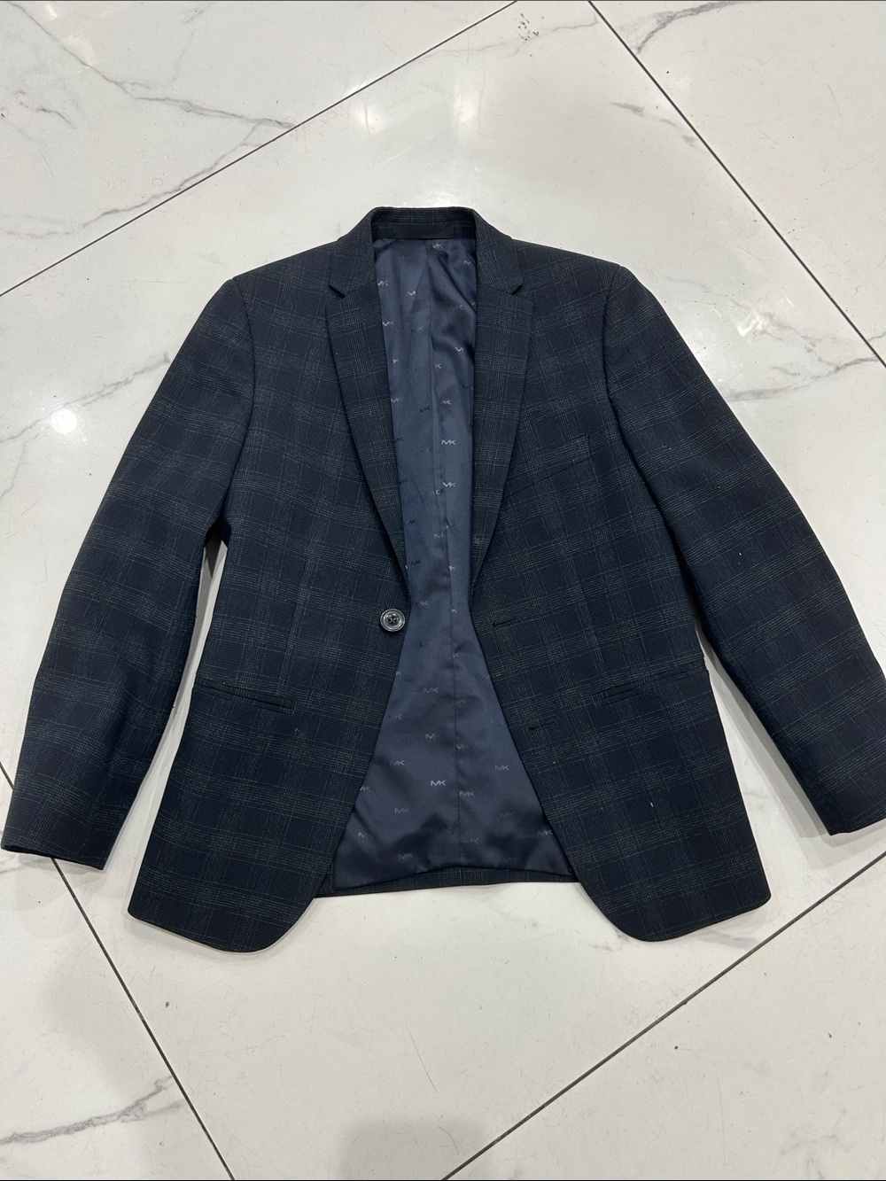 Michael Kors Navy Plaid Single-Button Boys Blazer